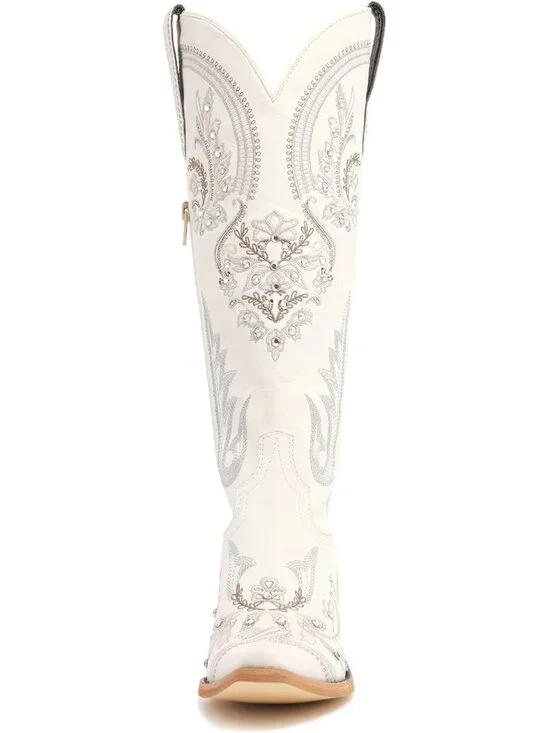 Women's Cream Embroidered Knee High Cowgirl Boots Pointed Toe Chunky Heel - Picture 4 of 7